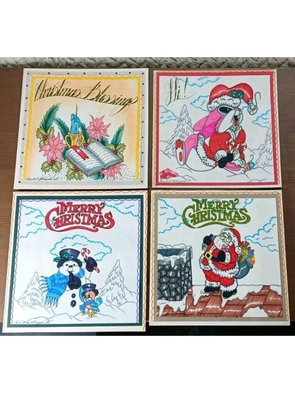 4 - 1995 - New Vintage - Handmade Hand Painted Signed 6" x 6" Christmas Cards